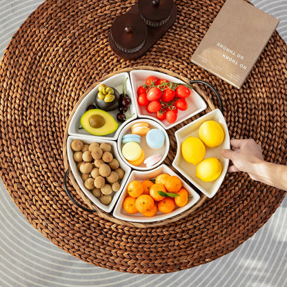 Ceramic Serving Tray, Food Tray 15.5 x 15.5 Inches,Divided Serving Platter with 6 Removable Dishes, Portable Handle Cattail Serving Bowls,Perfect for or Chips and Dip,Natural