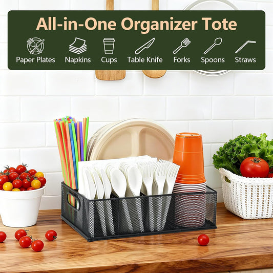 Metal Silverware Caddy for Countertop – 7 Compartment Paper Plate and Utensil Organizer with Side Handles – Cutlery Holder for Party, Buffet, Picnic, or Kitchen Table