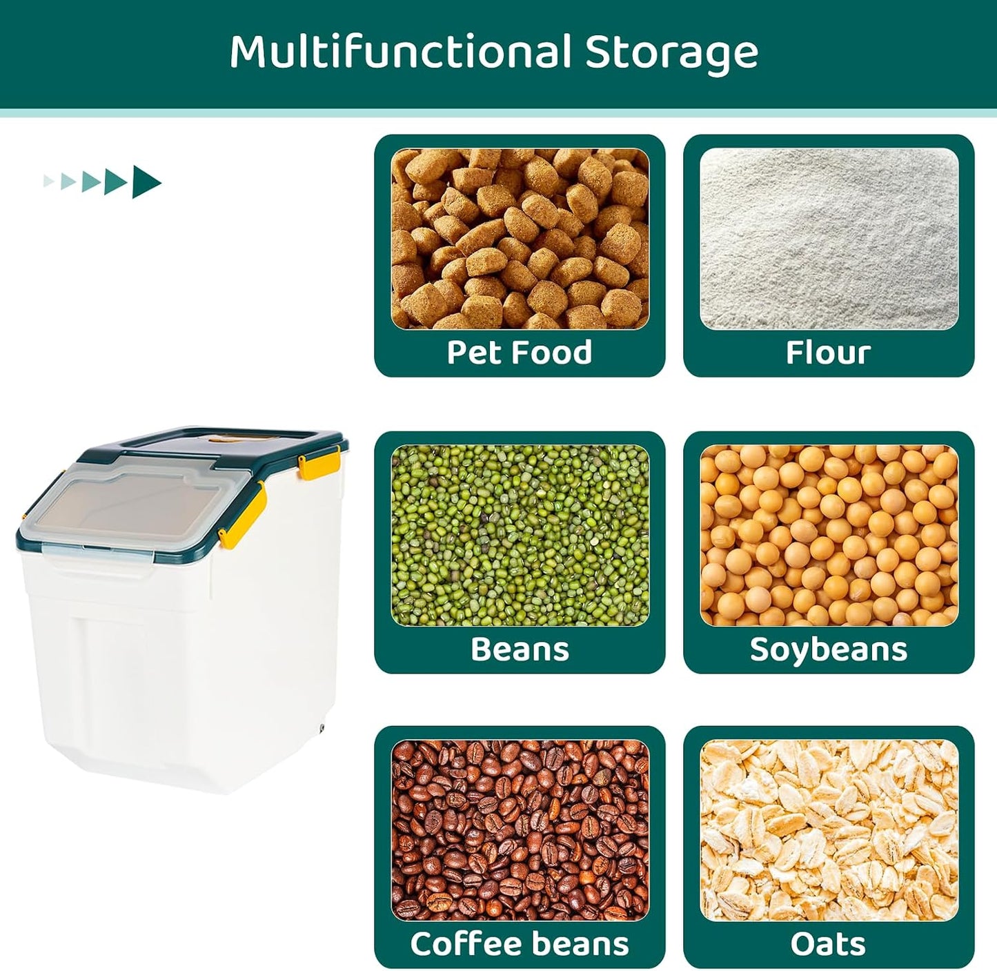 Rice Storage Container 25 lbs, Grey, 2 Pack | Airtight, with Wheels, Locking Lid, Measuring Cup Included, for Flour Sugar Grain Cereal