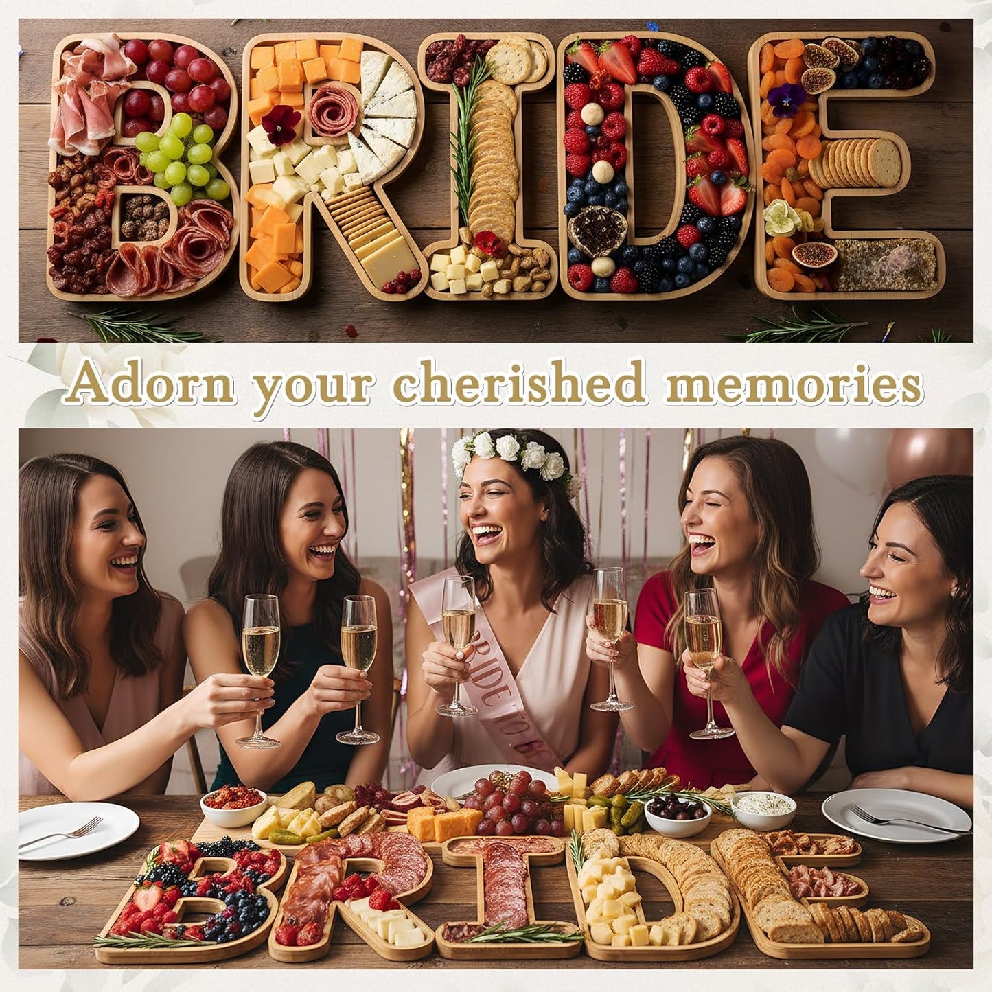5 Pcs Bride Bamboo Serving Trays Set 11'' Wooden Fillable Charcuterie Letters Board Smooth Finish Snack Plates Candy Fruit Cookie Platter Cookware for Wedding Bachelorette Party Supplies