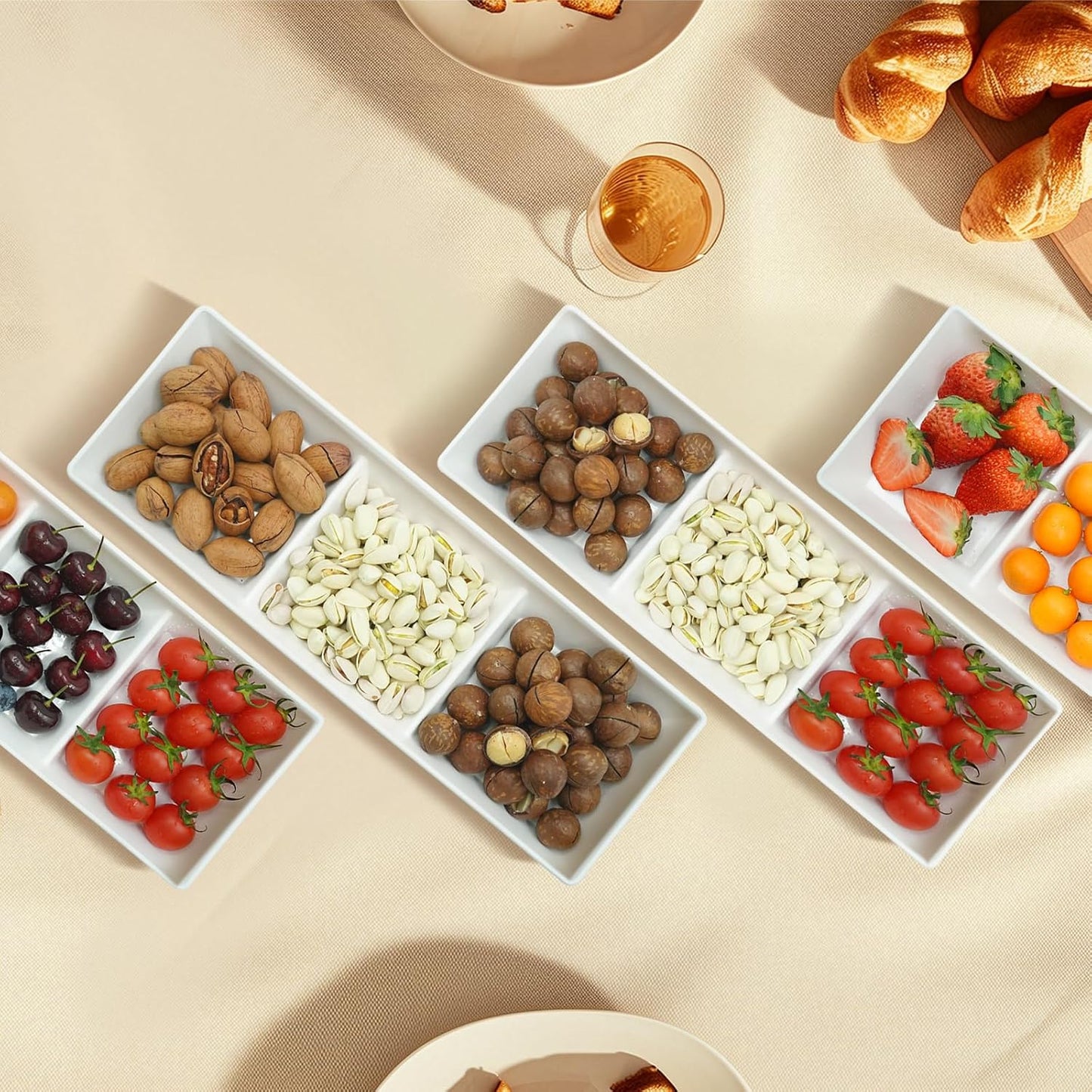 Divided Serving Tray Platter, 4 Pack 15" x 10" Fruit Veggie Food Tray for Party, Plastic Serving Trays for Appetizer, Snack, Dessert, Cookie, Brunch Decorations Platters, White Trays BPA-Free