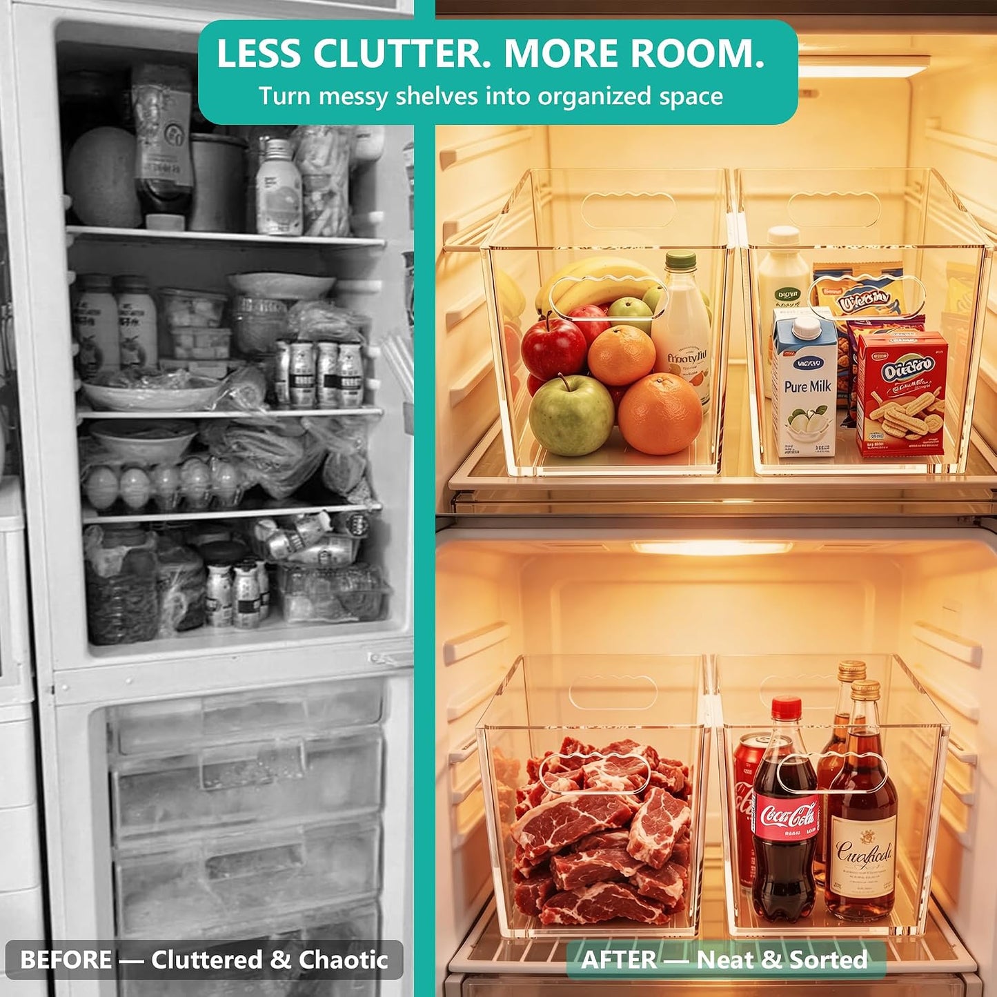 4 Pack Clear Storage Bins, PET Pantry Organizers & No-Tip Storage Containers with Cutout Handles for Fridge Freezer Kitchen Cabinet Closet Countertop, Nestable Open Top Organization Bins Save Space