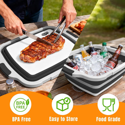 Collapsible Cutting Board with BBQ Prep Tub and Lid, Foldable Food Prep Container for Meal Prep, Marinating, Food Storage, Grilling, Camping and Outdoor Cooking, Dishwasher Safe, Black XX-Large