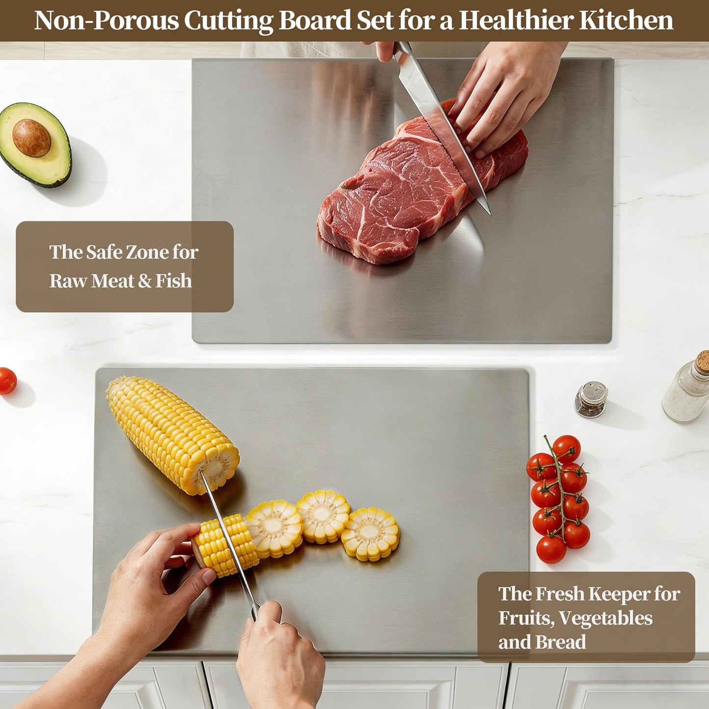 Stainless Steel Cutting Board Set, 2 Pack Kitchen Metal Chopping Board Set with Counter Lip Dishwasher Safe for Meat, Fish, Vegetables, Fruits, Bread & Pastry (40 x 30cm/ 16 x 12 in)