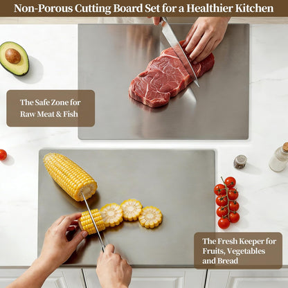 Stainless Steel Cutting Board Set, 2 Pack Kitchen Metal Chopping Board Set with Counter Lip Dishwasher Safe for Meat, Fish, Vegetables, Fruits, Bread & Pastry (40 x 30cm/ 16 x 12 in)
