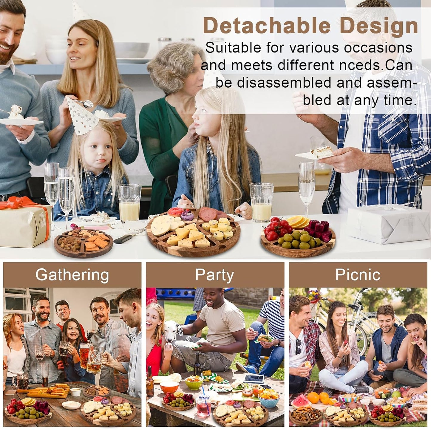 Elegant Charcuterie Boards Three Tiered Acacia Cheese Board and Cupcake Stand with 360° Easy-to-Spin Trays, Perfect for Gatherings, Housewarming Gifts, Celebrations, and Daily Usage.