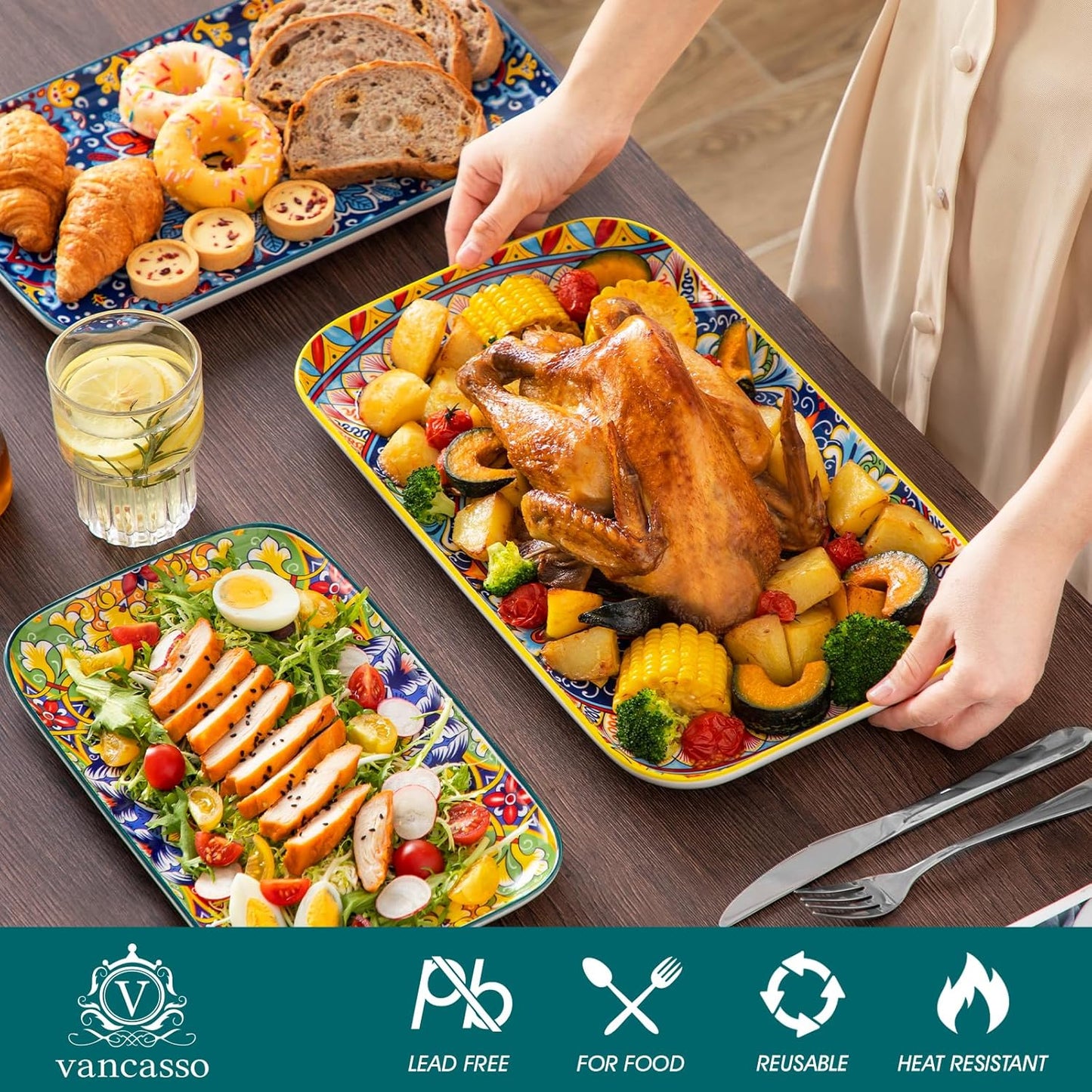 vancasso Serving Platters Set of 3, 16"/14"/12" Inch Rectangular Trays - Serving Platter Extra Large, Ceramic Bohemian Serving Dish for Entertaining Food, Microwave & Dishwasher Safe, Colorful