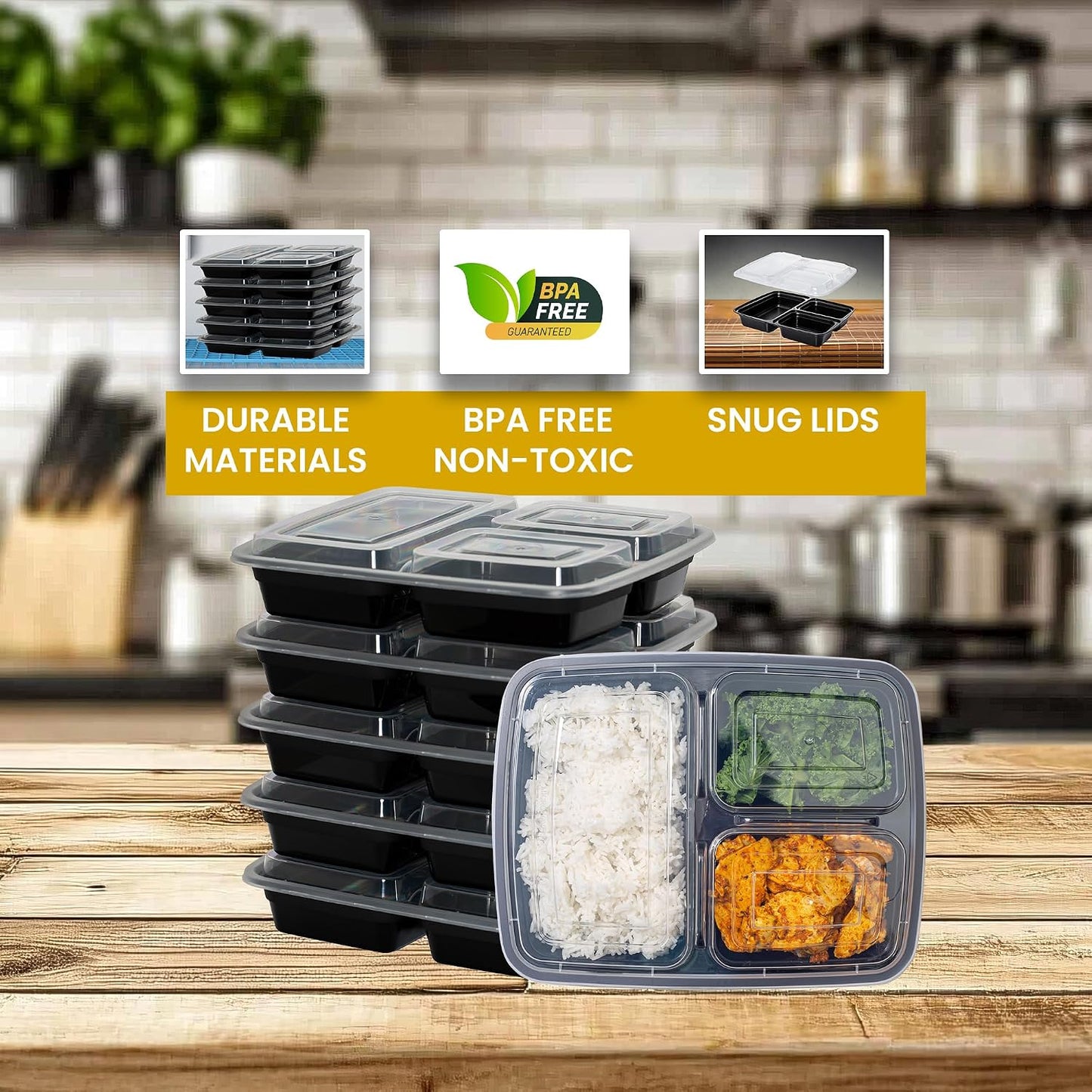 Superior 10 Pack Meal Prep Containers - 32oz Reusable 3 Compartment Food Containers–Microwave and Dishwasher Safe Prep Plastic Food Containers with Lid Divided Bento Box Lunch Tray