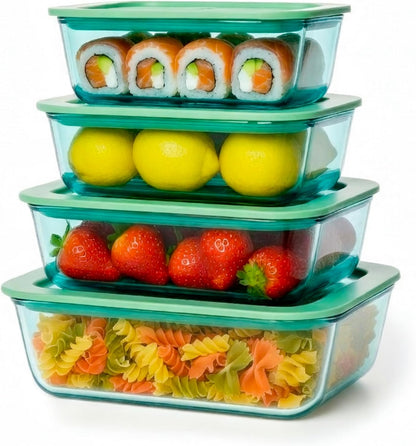 Crispa 8-Piece Teal Square Glass Food Storage Containers with Silicone Glass Lids – 100% Plastic-Free (2x 40oz, 2x 20oz) – Leakproof, Airtight, Freezer, Microwave and Dishwasher Safe