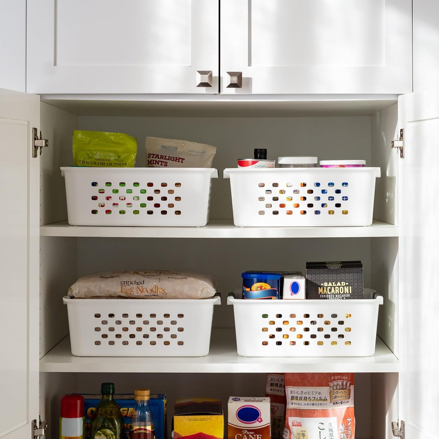 IRIS USA Plastic Storage Baskets, 6-Pack, Made in USA, Shelf Baskets Small Baskets Organizing Bins for Pantry Countertops Closet Shelves Laundry Room Office, Multi-Purpose, Nestable, Easy Carry, Black