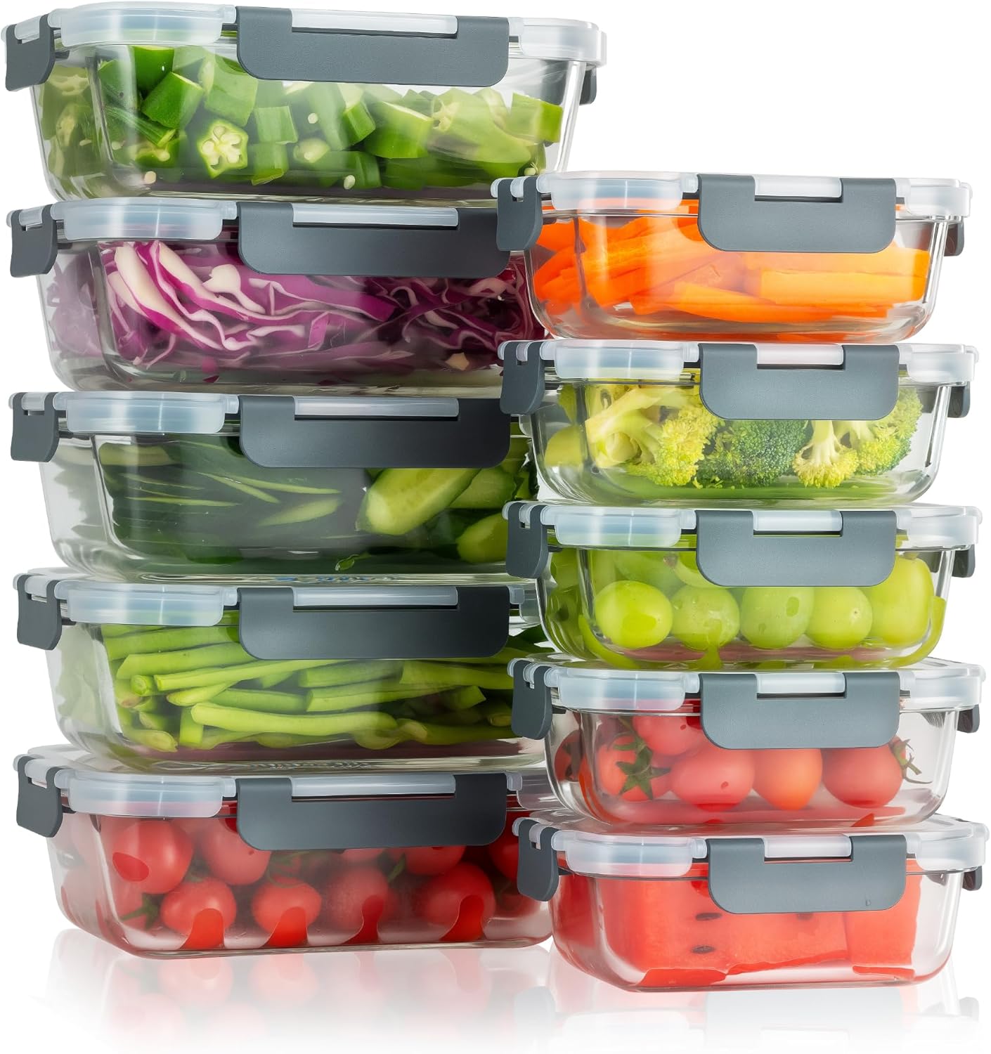 5-Piece Set, 36 oz Glass Meal Prep Containers with Snap-Lock Lids, Airtight Lunch Containers, Microwave, Oven, Refrigerator & Dishwasher Safe,Black