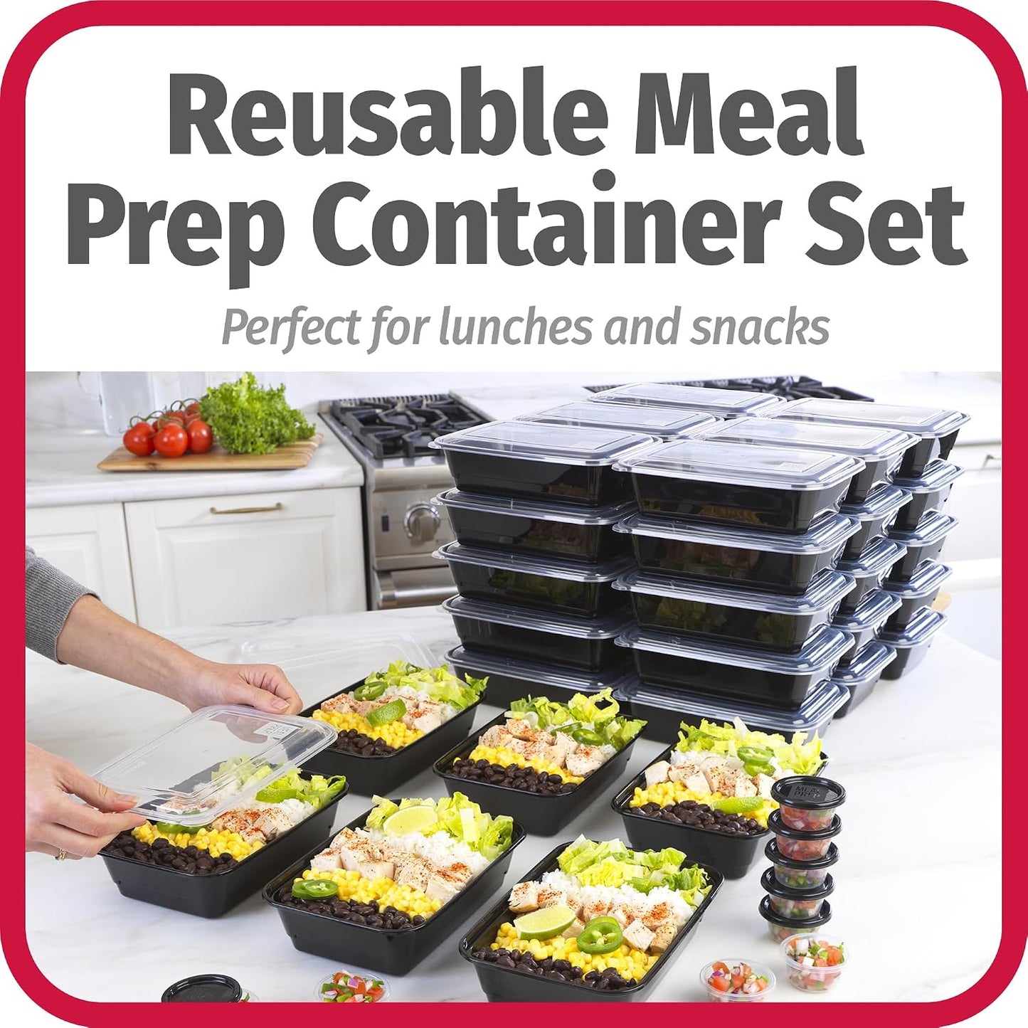 GoodCook Everyday Meal Prep 1‑Compartment Set with 50 Containers + 10 condiment cups with lids, made without BPA, Black