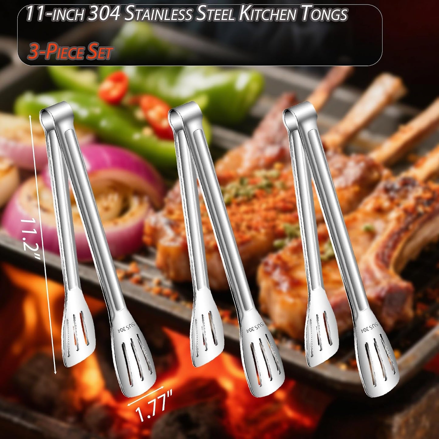 Stainless Steel Kitchen Tong Set - Anti-Slip Heat-Resistant Grip, Widened 3-Line Slotted Heads for Easy Clamping (Steaks, BBQ, Pasta, Salads), Easy Clean for Versatile Use Set of 3-6", Silver