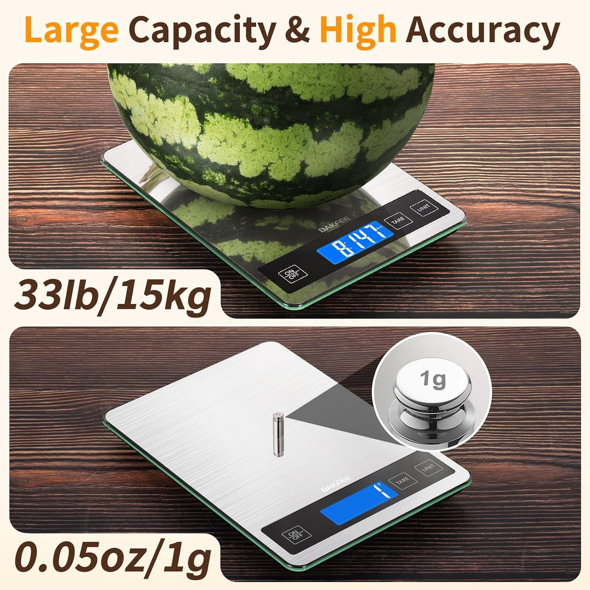 Food Scale, 33lb Kitchen Scale with 1g Precision, USB-C Rechargeable
