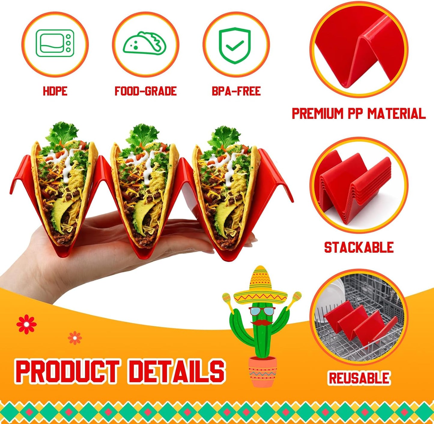 6 Pcs Taco Holder Stands Taco Tuesday Set, Holds Up to 3 Tacos, Premium PP Material Sturdy and Durable, Microwave or Dishwasher Top Rack (Yellow)
