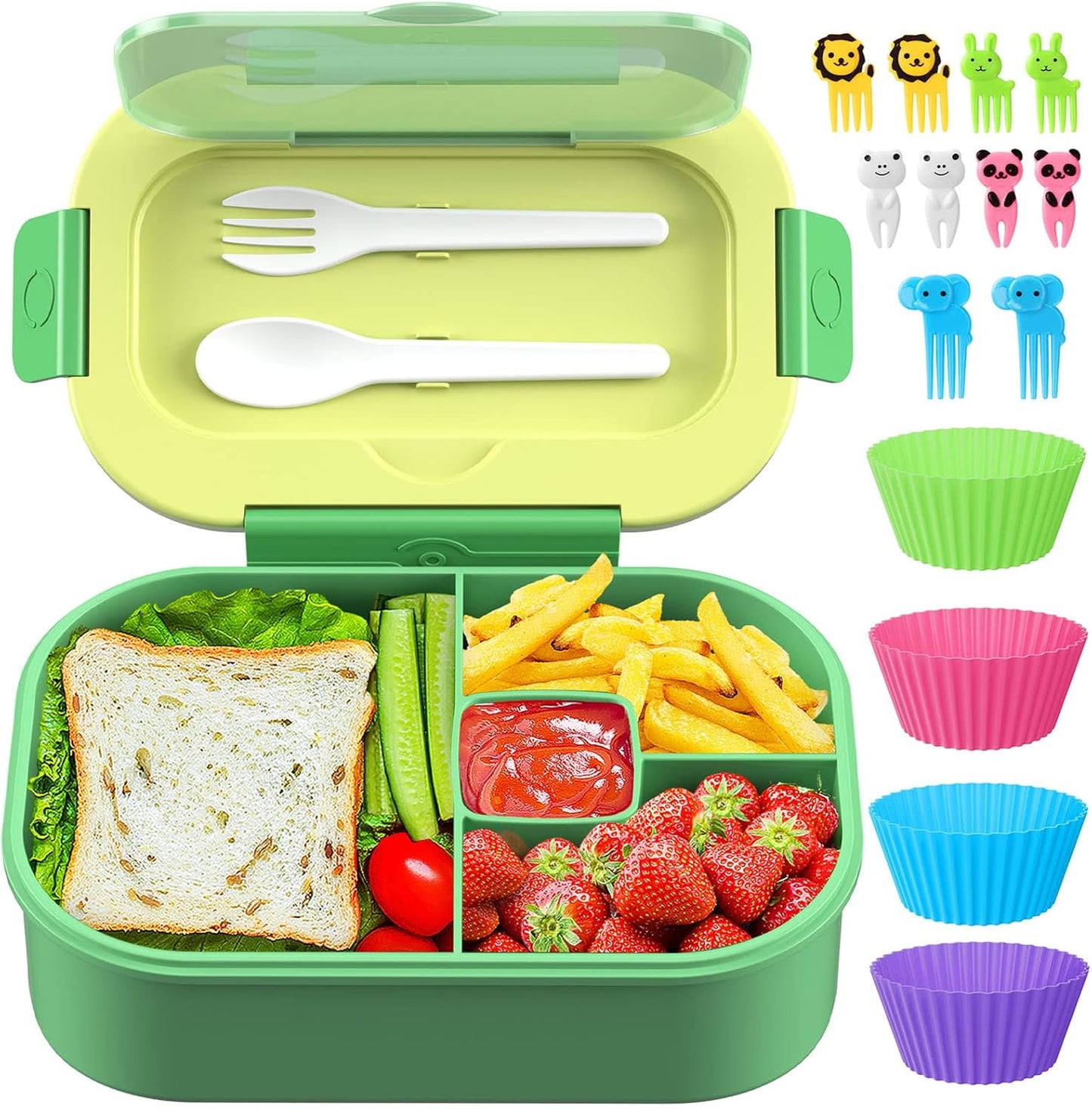 Lunch Box Kid Adult Bento Box, 4-Compartment Food Lunch Containers with Fork & Spoon, BPA Free, Leak-Proof Bento-Style Lunch Box for Work School, Microwave & Dishwasher Safe (Candy)