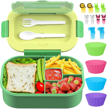 Lunch Box Kid Adult Bento Box, 4-Compartment Food Lunch Containers with Fork & Spoon, BPA Free, Leak-Proof Bento-Style Lunch Box for Work School, Microwave & Dishwasher Safe (Candy)