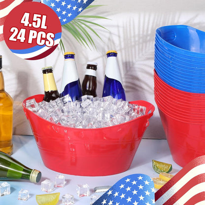 Norme 24 Pcs Oval Storage Tub with Handles, 4.5l Plastic Ice Buckets Bulk for Wine Beer Champagne Drink Cooler Beverage Storage Tub for Parties BBQ Weddings Party Outdoor Celebration(Blue & Red)