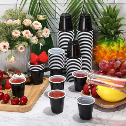 Roshtia 100 Pack 2 oz Plastic Shot Cups, Mini Disposable Shot Glasses 2 oz Wedding Party Cups for Bridal Shower Wedding Party, Beer Taste Serving, Snacks(Black, Gold)