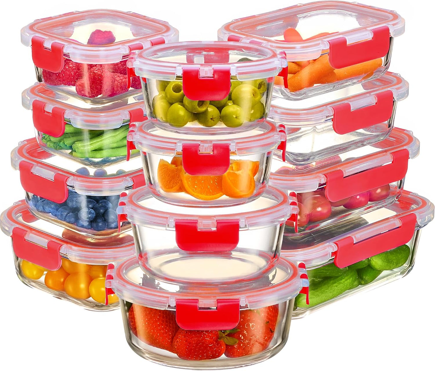FineDine 24 Piece Glass Storage Containers with Lids - Leak Proof, Dishwasher Safe Glass Food Storage Containers for Meal Prep or Leftovers, Blue