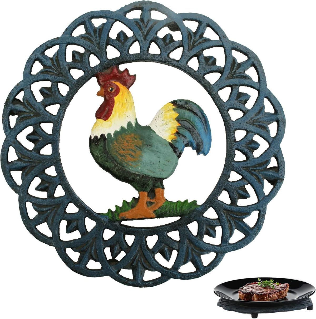 Cast Iron Trivet, 7.28 inch Metal Trivet for Hot Dishes, Heat-Resistant Decorative Trivets to Protect Dining Countertop or Kitchen Decoration with 2 Silicone Mini Pinch Mitts
