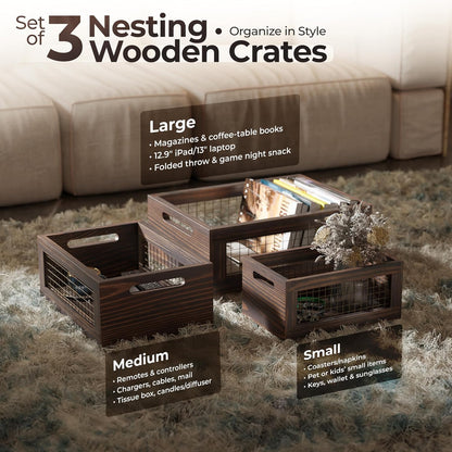 Set of 3 Wooden Nesting Countertop Baskets, Rustic Wood Storage Crates with Handles for Kitchen, Pantry, Bathroom, Fruit, Vegetables, Bread