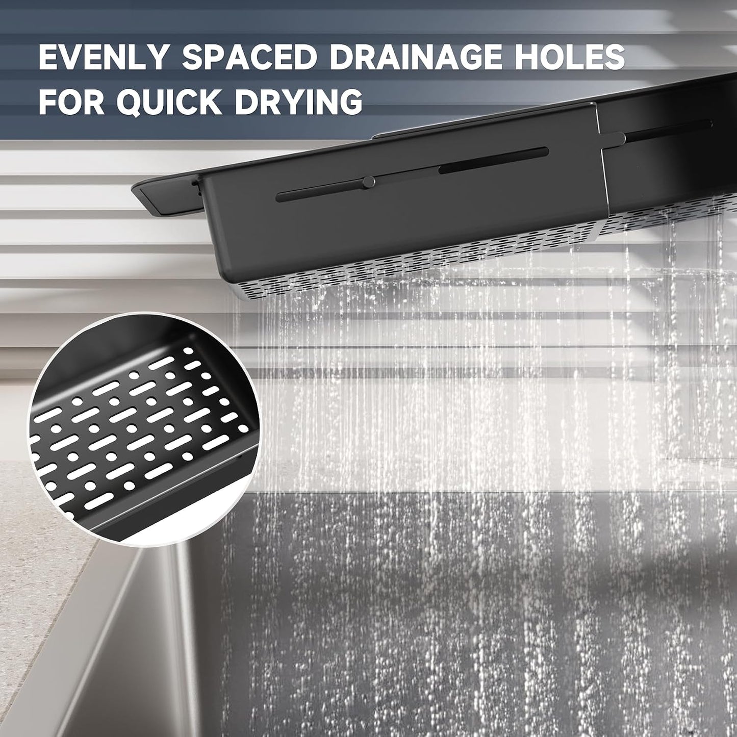 NiHome Extendable Over Sink Kitchen Organizer, Small Telescopic Brush Storage Rack for Sponge, Non-Slip Pads Expandable Sink Caddy, Adjustable Sponge/Brush Rack with Drainage Durable ABS (Dark Gray)