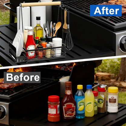 Grill Caddy with Plate Holder and 2Paper Towel Holder, Picnic BBQ Condiment Utensil Organizer Caddy for Outdoor Cooking, RV, Camping Essential, Camper Must Haves, Grilling Gifts for Men