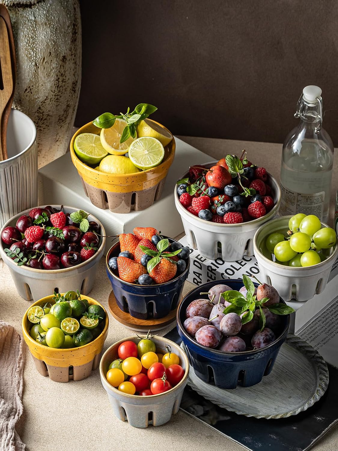 Gomakren Berry Bowls with Holes Ceramic, Berry Washing Bowl Basket Set of 2, 5.8 Inch Round Fruit Bowl Storage Containers, Strawberry Baskets, Farmhouse Kitchen Decor, Yellow + Brown