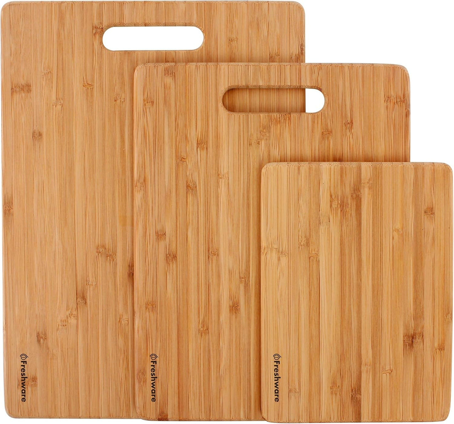 Freshware Wood Cutting Boards for Kitchen - Bamboo Cutting Board Set of 3, Cutting Boards with Juice Grooves, Serving Board Set, Chopping Board for Meat, Veggie, Easy Grip Handle (9x6", 12x8", 15x10")