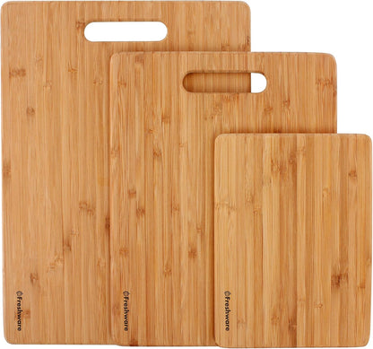 Freshware Wood Cutting Boards for Kitchen - Bamboo Cutting Board Set of 3, Cutting Boards with Juice Grooves, Serving Board Set, Chopping Board for Meat, Veggie, Easy Grip Handle (9x6", 12x8", 15x10")