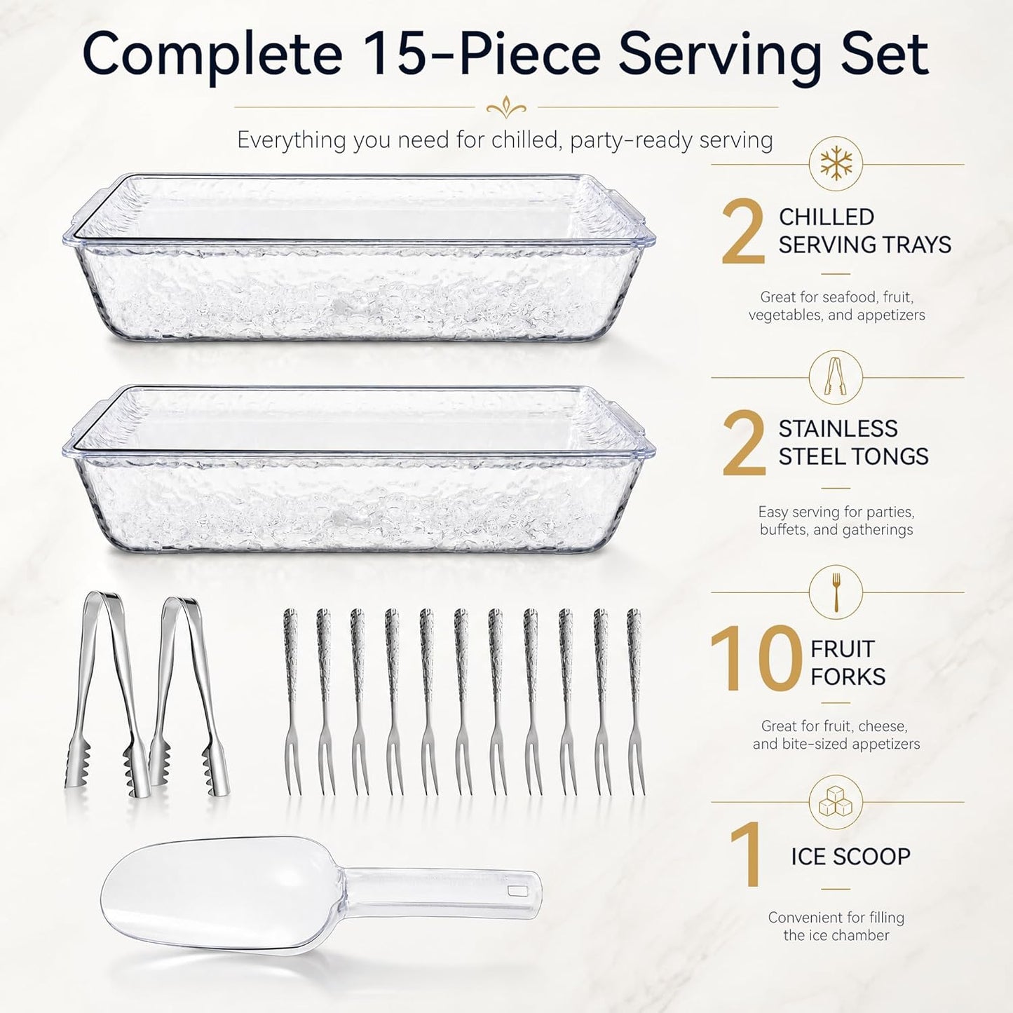 2 Pack Chilled Serving Tray with Ice Chamber, Clear PET Appetizer Platter Set with Stainless Steel Tongs, Fruit Forks & Ice Scoop, Cold Food Tray for Seafood, Fruit, BBQ & Pool Parties