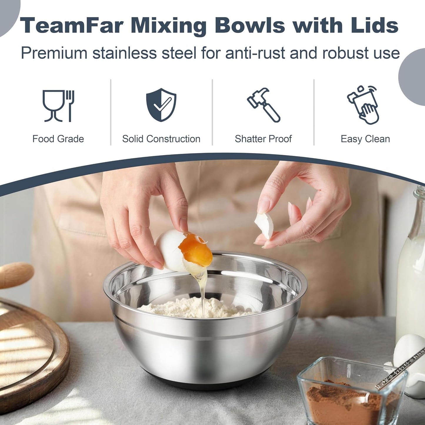 TeamFar Mixing Bowls, Stainless Steel Mixing Bowls with Lids, Nesting Salad Bowls with Air-tight Lids & Non-slip Bottom, Dishwasher Safe & Stackable, Set of 6-4.6/2.6/2 / 1.5/1 / 0.7 Qt