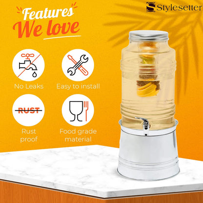 Style Setter Patchwork Beverage Dispenser Cold Drink Dispenser w/ 2.4-Gallon Capacity Glass Jug, Ice Insert, Fruit Infuser, Galvanized Base, Leak Proof Spigot Great for Parties Weddings