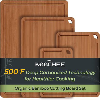 Keechee Wood Cutting Board for Kitchen - Reversible Bamboo Cutting Boards Gift Set of 3 with Juice Groove, Wooden Chopping Board for Meat, Fruit, Vegetables & Cheese (Pre Oiled, Natural)