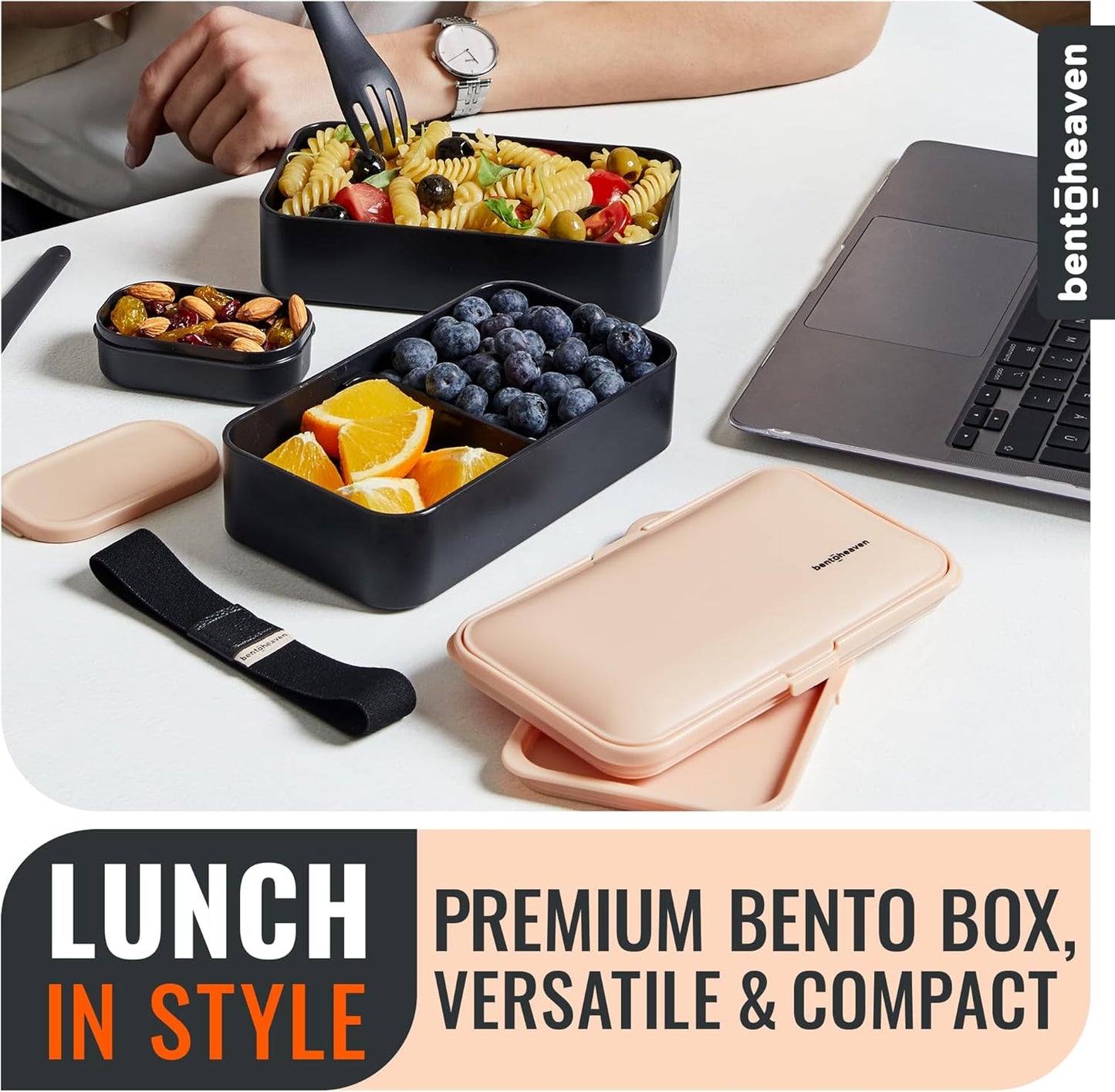 Bentoheaven Premium Bento Box Adult Lunch Box with Compartments for Women & Men, Set of Utensil & Chopsticks & Dip Container, Cute Japanese Kids Bento Lunch Box, Microwavable (Symph Onyx)