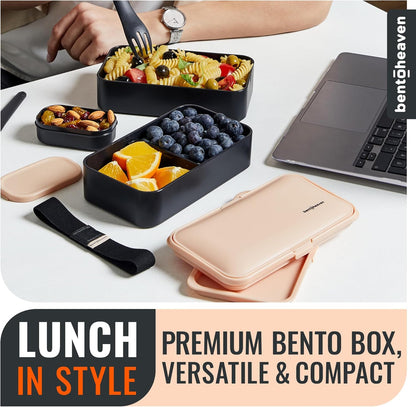 Bentoheaven Premium Bento Box Adult Lunch Box with Compartments for Women & Men, Set of Utensil & Chopsticks & Dip Container, Cute Japanese Kids Bento Lunch Box, Microwavable (Symph Onyx)
