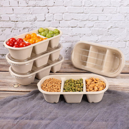 disposable bowls 18 oz 3 compartments with lids Plant Fiber 50 Pack