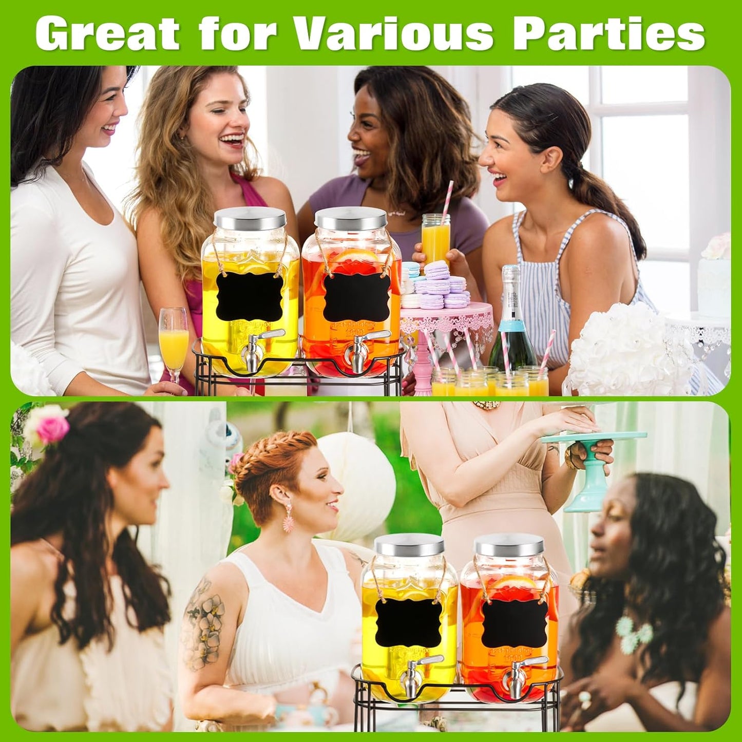 Drink Dispenser,2PACK Glass Drink Dispensers for Parties,1 Gallon Beverage Dispenser with Stand, Stainless Steel Spigot Leak proof,Come with Ice Cylinder,Fruit Tube and 2 Rubber Mats