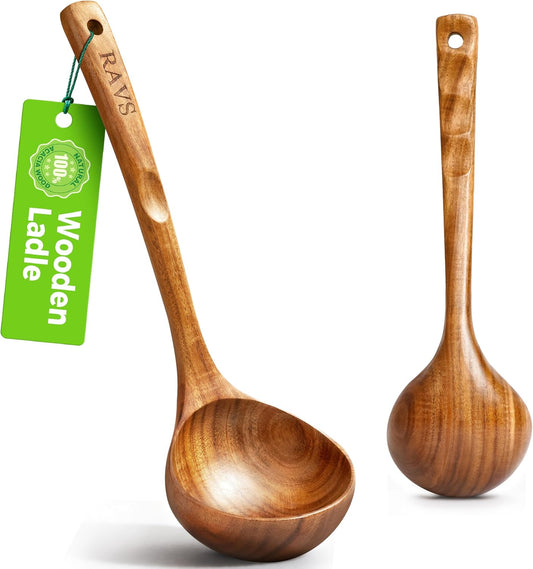 RAVS Wooden Ladle for Soup, 100% Natural Acacia Wood with 12.4″ Long Handle, No-Scratch Cookware Surface, Wooden Soup Ladle for Cooking, Gravy, Sauce, Porridge