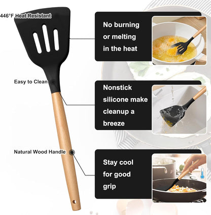 E-far Silicone Cooking Utensils Set, 5-Piece Kitchen Utensils Set with Wooden Handle for Cooking, Silicone Kitchen Nonstick Tools Spatula Turner Slotted Spoons, Nontoxic & Heat Resistant-Khaki