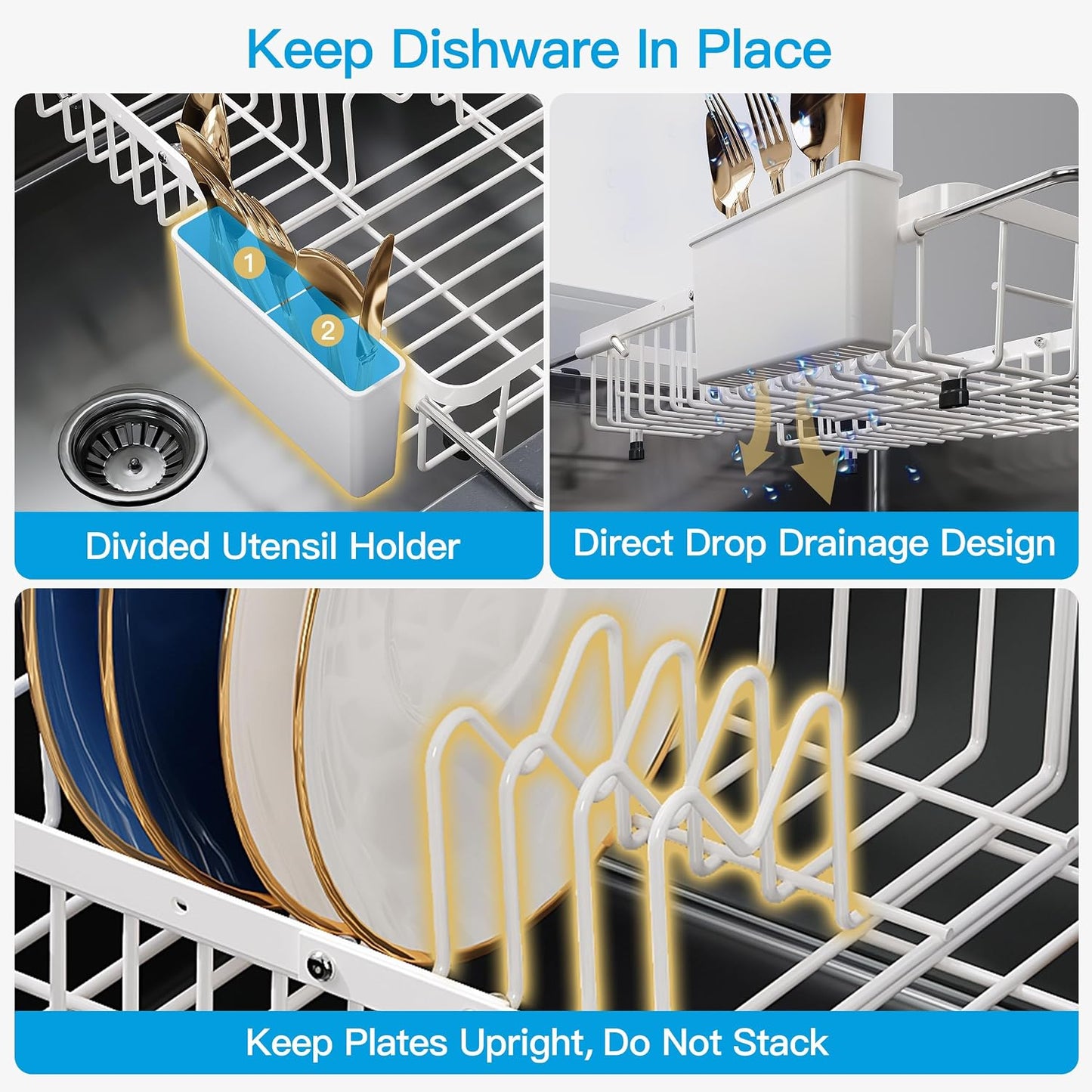 JASIWAY Dish Drying Rack in Sink, Expandable Stainless Steel Dish Drainers for Kitchen Counter, Dish Dryer Rack for Inside Sink, Over The Sink Dish Racks with Utensil Holder, Silver