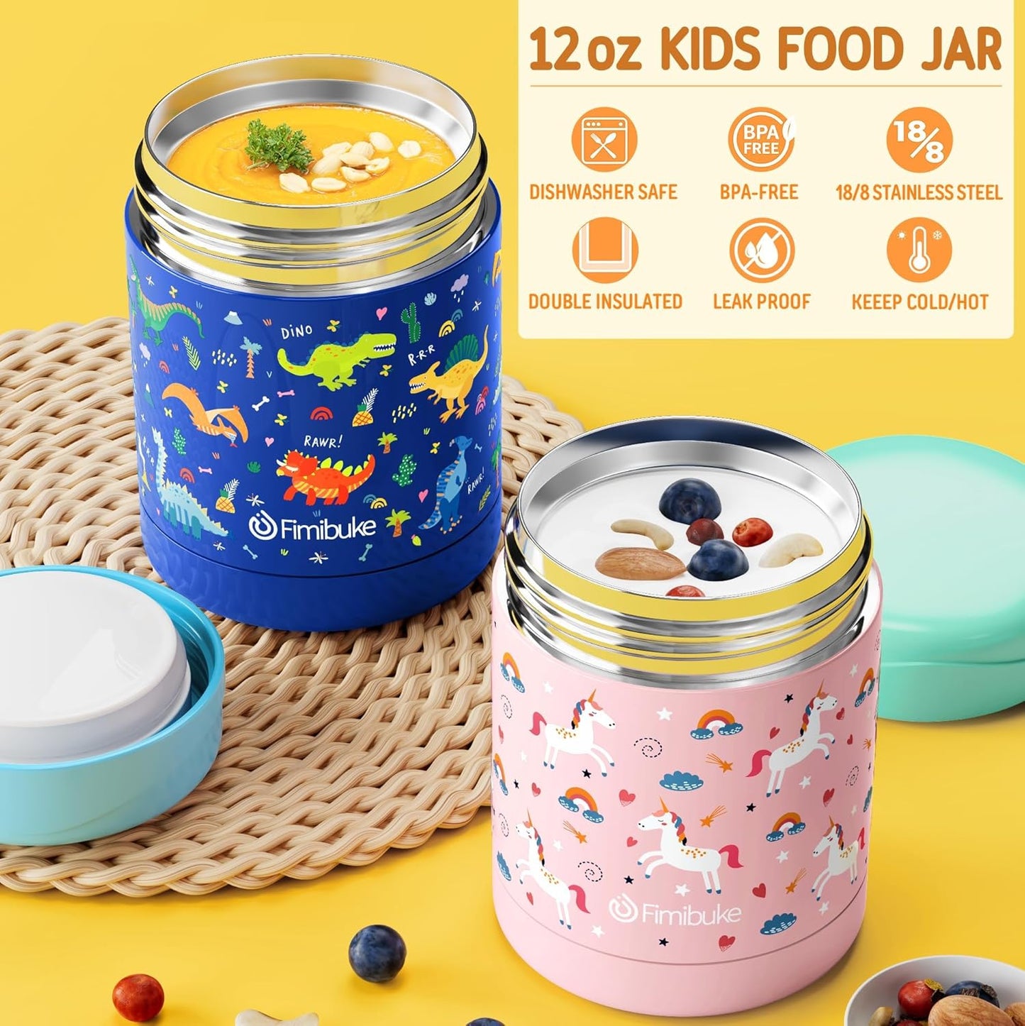 Fimibuke Kids Bento Snack Lunch Box with 4 Compartment, Insulated Lunch Bag, Stainless Steel Vacuum Thermo Food Jar, Ice Pack, Utensils Set, Birthday Gifts for Age 3-12 Back to School Toddler Girl Boy