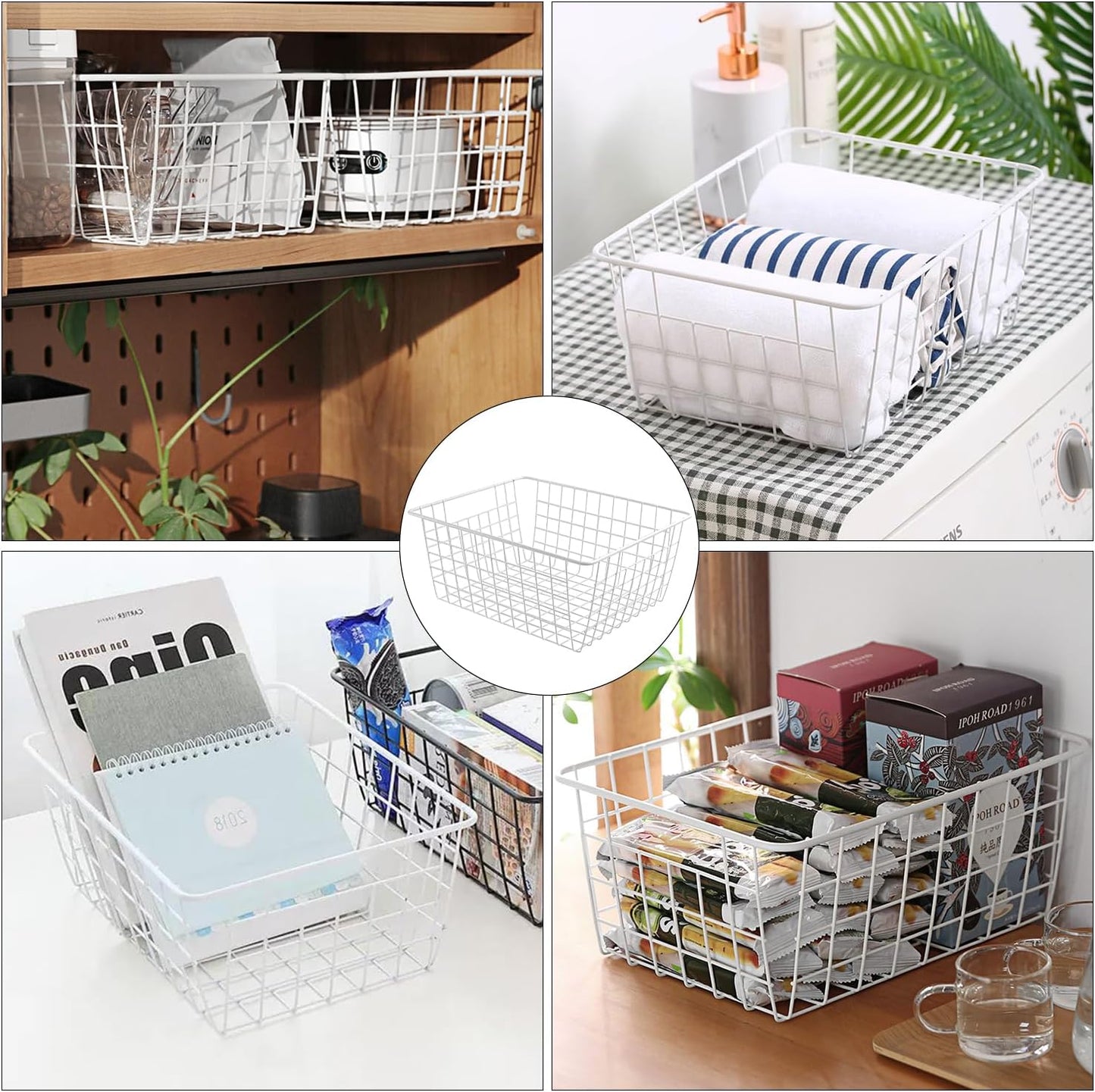 White Wire Storage Baskets,11.1"x8.7"x4.7"Wire Freezer Storage Organizer Bins Farmhouse Metal Freezer Basket with Handles for Cabinets, Pantry, Closets, Bedrooms,White,4 Pack