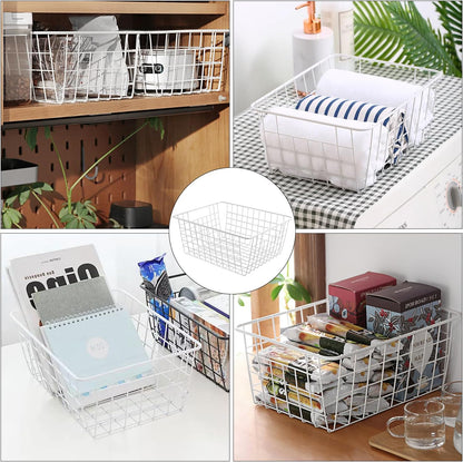 White Wire Storage Baskets,11.1"x8.7"x4.7"Wire Freezer Storage Organizer Bins Farmhouse Metal Freezer Basket with Handles for Cabinets, Pantry, Closets, Bedrooms,White,4 Pack