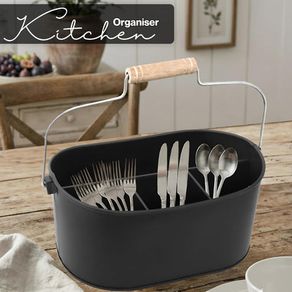 Alpha Living Home Galvanized Metal Utensil Caddy - Rustic Farmhouse Organizer Metal Garden Caddy with 4 Compartments and Wooden Handle for Kitchen, Buffet & Outdoor Events (Silver)