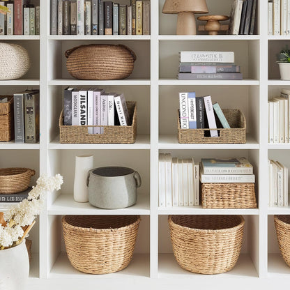 StorageWorks Water Hyacinth Pantry Storage Baskets, Wicker Baskets with Built-in Handles, Handwoven Shelf Baskets for Organizing, Pantry Organizers and Storage, 3 Pack