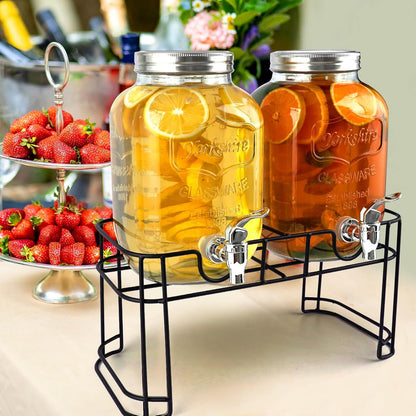 2 Gallon Drink Dispenser with 18/8 Stainless Steel Spigot, Sun Tea Glass Mason Jar for Outside, Iced Lemonade Beverage Dispenser with Fruit Infuser, Large Water Juice Jug, Punch Dispenser for Parties
