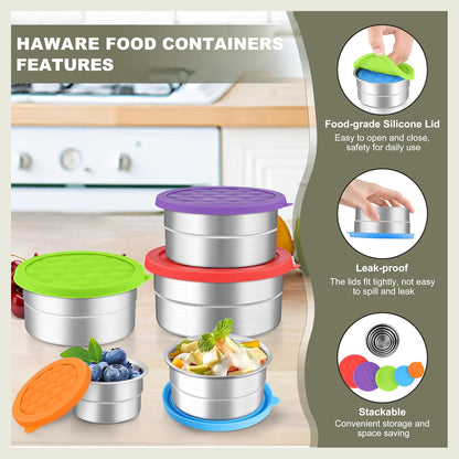HaWare Stainless Steel Food Storage Containers with Silicone Lids, Leak-Proof Metal Snack Container, Round Lunch Box for Kids Adults, Stackable & Reusable Meal Prep Containers, Set of 3, Multicolor