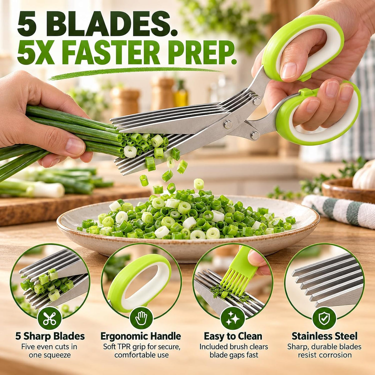 5-Blade Stainless Steel Herb Scissors, Herb Cutter with Cleaning Comb